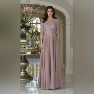 Pink Pleated Gown with Bishop Sleeves and Bateau Neckline